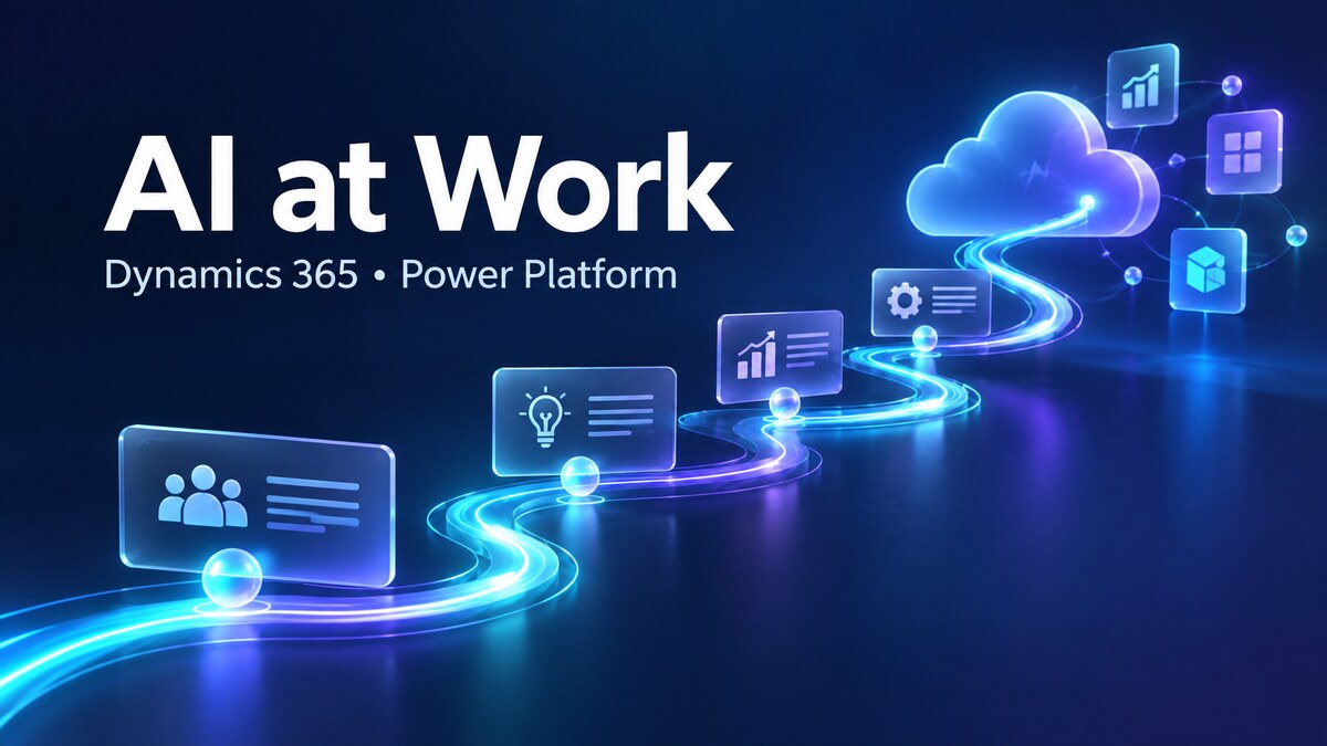 Dynamics 365とPower PlatformのAI at Workロードマップを表す、クラウドへ続く青い光の道