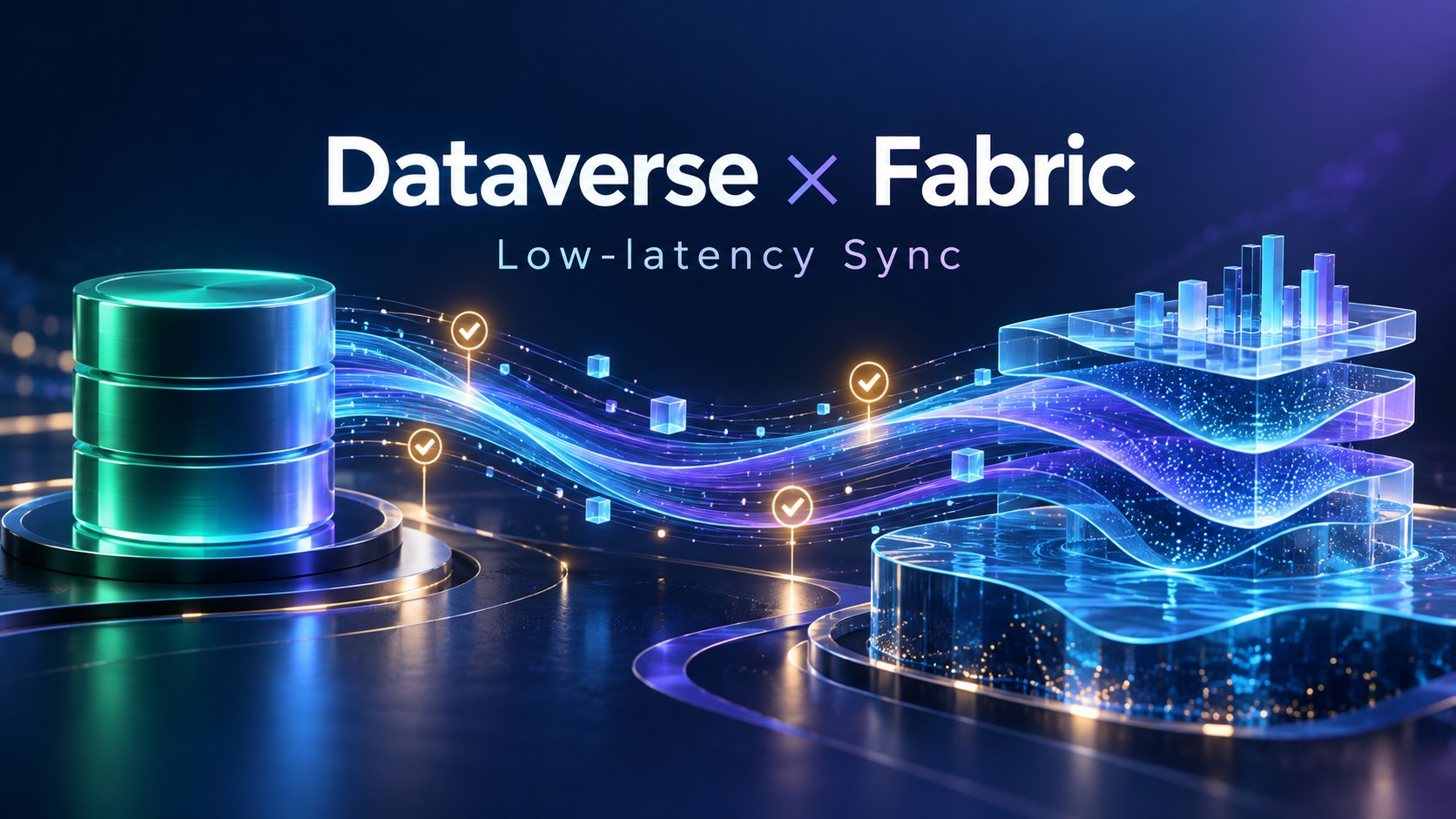 DataverseからFabricへの低遅延同期と移行時の検証を表すデータフローのイメージ