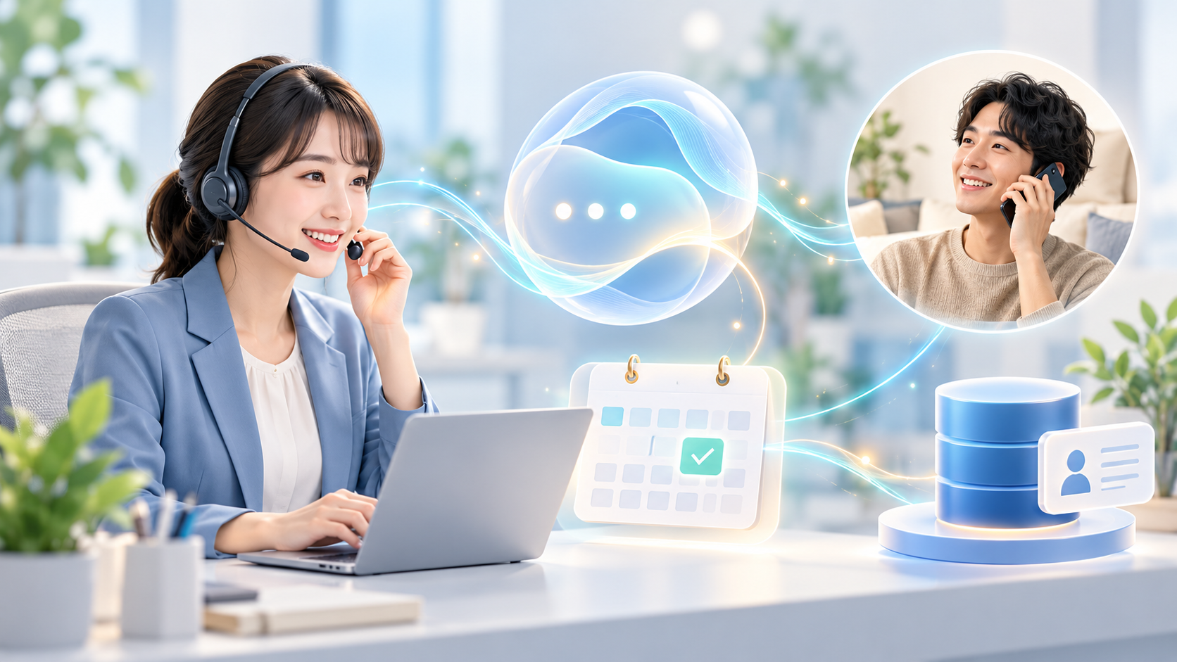 顧客からの電話を受ける担当者と、会話AI、予約カレンダー、業務データを表したイメージ